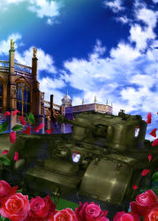 Rule 34 | 10s, absurdres, bed of roses, churchill (tank), cloud, cloudy sky, day, emblem, flower, girls und panzer, highres, location request, military, military vehicle, motor vehicle, no humans, official art, outdoors, rose, sky, st. gloriana&#039;s (emblem), tank, vehicle focus