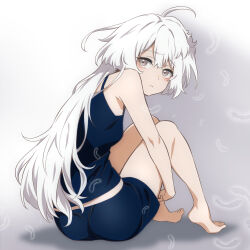 Rule 34 | 1girl, ass, blue shorts, blue tank top, falling feathers, feathers, gradient background, grey background, grey eyes, gundam, gundam suisei no majo, looking at viewer, looking back, miorine rembran, nakahira guy, shorts, sitting, sleeveless, solo, tank top, white hair