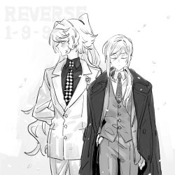 Rule 34 | 2girls, blush, checkered necktie, chinese commentary, closed eyes, closed mouth, coat, coat on shoulders, collared shirt, commentary request, copyright name, greyscale, hand in pocket, highres, jacket, long hair, long sleeves, monochrome, multiple girls, necktie, pants, ponytail, profile, reverse:1999, shirt, sonetto (reverse:1999), su xiao jei, suit jacket, vertin (reverse:1999), waistcoat