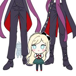 Rule 34 | 1girl, 3boys, :o, ahoge, black bow, black jacket, black pants, black pantyhose, blonde hair, blush, bow, bowtie, buttons, chibi, danganronpa (series), danganronpa 10th anniversary costume, danganronpa 2: goodbye despair, double-breasted, dress, dudeoji (dotheg ansoni), earrings, green dress, green eyes, hair bow, height difference, highres, jacket, jewelry, long hair, multiple boys, multiple persona, open mouth, own hands together, pants, pantyhose, purple scarf, red bow, red bowtie, red footwear, scarf, sonia nevermind, striped clothes, striped jacket, tanaka gundham