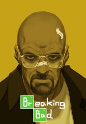 Rule 34 | 1boy, bald, bandages, bandaid, bandaid on face, bandaid on head, bandaid on nose, blood, bloody bandages, breaking bad, broken eyewear, copyright name, facial hair, glasses, goatee, highres, jacket, jin rou, looking at viewer, male focus, monochrome, solo, spot color, straight-on, walter white
