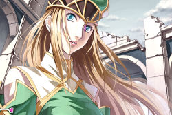 Rule 34 | 1girl, akito, blonde hair, blue eyes, building, close-up, cloud, day, female focus, freya (valkyrie profile), hat, lipstick, long hair, makeup, outdoors, sky, solo, turtleneck, valkyrie profile (series)