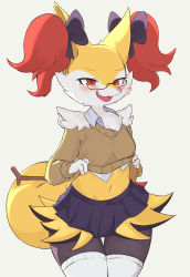 Rule 34 | 1girl, :3, absurdres, animal ear fluff, animal ears, animal nose, backlighting, black-framed eyewear, black bow, black fur, blue skirt, body fur, bow, braixen, breasts, brown sweater, clothed pokemon, clothes lift, collared shirt, cowboy shot, creatures (company), fangs, female focus, fox ears, fox girl, fox tail, furry, furry female, game freak, gen 6 pokemon, glasses, grey background, hair bow, half-closed eyes, hands up, happy, highres, lifted by self, long sleeves, looking at viewer, miniskirt, multicolored fur, navel, nintendo, open mouth, pince-nez, pleated skirt, pokemon, pokemon (creature), red eyes, school uniform, semi-rimless eyewear, shirt, shirt lift, simple background, skirt, small breasts, smile, snout, solo, standing, stick, stomach, sweater, sweater lift, tail, thigh gap, thighhighs, thighs, white fur, white shirt, white thighhighs, yellow fur, yoru (yoru vida), zettai ryouiki