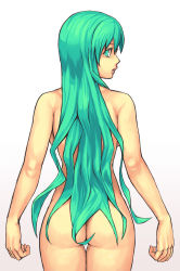 Rule 34 | 1girl, alternate hairstyle, ass, backboob, bad id, bad pixiv id, breasts, censored, convenient censoring, from behind, green eyes, green hair, hair censor, hair down, hatsune miku, long hair, looking back, matching hair/eyes, nude, solo, thigh gap, very long hair, vocaloid, yuuji (and)