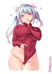 Rule 34 | 1girl, alternate costume, blue hair, blush, breasts, closed mouth, clothes lift, clothing aside, commentary request, contrapposto, cowboy shot, cropped legs, ebifurya, finger to mouth, frontal wedgie, gluteal fold, gradient hair, groin, hair ornament, hair ribbon, head tilt, heart, heattech leotard, highleg, highleg leotard, highres, hip focus, i-19 (kancolle), kantai collection, large breasts, leotard, leotard aside, leotard lift, light smile, long hair, long sleeves, looking at viewer, meme attire, multicolored hair, naughty face, parted bangs, partially visible vulva, pink hair, pink ribbon, raised eyebrows, red eyes, red leotard, red sweater, ribbed leotard, ribbed sweater, ribbon, sidelocks, simple background, sleeves past wrists, smile, solo, spoken heart, standing, star-shaped pupils, star (symbol), sweater, sweater lift, symbol-shaped pupils, taut clothes, thighs, tri tails, turtleneck, turtleneck sweater, twitter username, uniqlo, wedgie, white background