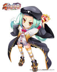 Rule 34 | 1girl, arm up, bad id, bad pixiv id, boots, brown eyes, chinkyuu, chocolate, coat, cutoffs, denim, denim shorts, from above, green hair, hair bobbles, hair ornament, hairclip, hat, highres, holding, kapimaru, koihime musou, long hair, looking up, shin koihime musou, shirt, short shorts, shorts, solo, striped clothes, striped thighhighs, thighhighs, twintails