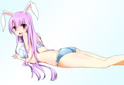 Rule 34 | 1girl, animal ears, ass, back, bare shoulders, bikini, blush, breasts, frilled bikini, frills, gradient background, large breasts, long hair, looking back, lying, on floor, open mouth, purple hair, rabbit ears, red eyes, reisen udongein inaba, solo, surprised, swimsuit, touhou, very long hair, yukina (masyumaro610)