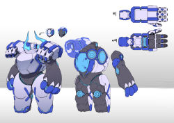 Rule 34 | absurdres, blue eyes, character sheet, clenched hands, extra arms, extra eyes, grey background, helmet, highres, horns, korean text, mecha, no humans, open hands, original, robot, science fiction, standing, tajyador, translated