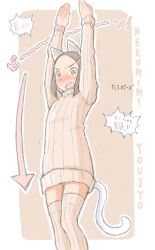 Rule 34 | 1girl, :o, a kun, animal ears, arms up, arrow (symbol), blush, cat ears, cat tail, fake animal ears, flat chest, forehead, hair ornament, hairclip, kemonomimi mode, long sleeves, looking down, open mouth, panties, pantyshot, ribbed sweater, romaji text, short hair, solo, standing, sweater, tail, thighhighs, translation request, trembling, underwear, zettai ryouiki