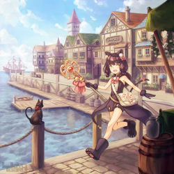 Rule 34 | 1girl, :d, animal ears, bag, barrel, bell, black cat, black hair, boat, bottle, bow, cat, cat ears, cat tail, coattails, crate, day, double bun, fantasy, garutaisa, gloves, handbag, holding, holding staff, jetty, jingle bell, ocean, open mouth, original, outdoors, paw shoes, pier, puffy shorts, rope, running, scenery, ship, short shorts, shorts, sky, sleeveless, smile, staff, tail, twintails, water, watercraft, yellow eyes
