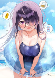 Rule 34 | bare shoulders, beach, blue one-piece swimsuit, blue sky, blush, breasts, chihiro (khorosho), cleavage, cloud, collarbone, day, drooling, fingernails, glasses, hair over one eye, highres, innertube, large breasts, long hair, looking at viewer, ocean, one-piece swimsuit, open mouth, original, outdoors, purple eyes, purple hair, sky, smile, swim ring, swimsuit, wet