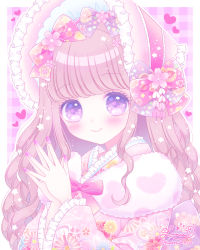 Rule 34 | 1girl, blush, bonnet, bow, brown hair, closed mouth, commentary request, floral print, frilled sleeves, frills, fur collar, hair bow, hands up, heart, highres, himetsuki luna, japanese clothes, kimono, long hair, long sleeves, looking at viewer, original, pink bow, pink headwear, pink kimono, plaid, plaid background, print kimono, purple background, purple bow, purple eyes, signature, smile, solo, steepled fingers, twitter username, upper body, wide sleeves