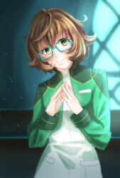 Rule 34 | 1girl, blue-framed eyewear, brown hair, commentary request, cropped jacket, dress, fate/grand order, fate (series), glasses, green eyes, green jacket, hair between eyes, highres, jacket, looking at viewer, mable macintosh, ninihoshi, own fingers together, rectangular eyewear, short hair, solo, steepled fingers