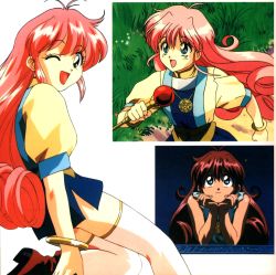 Rule 34 | 1990s (style), 1girl, bare shoulders, blue hair, boots, jewelry, long hair, looking up, megami paradise, necklace, one eye closed, open mouth, pink hair, retro artstyle, rurubell, simple background, smile, staff, thighhighs, white thighhighs, yoshizane akihiro, zettai ryouiki