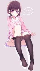 Rule 34 | 1girl, black pantyhose, blush, breasts, brown hair, chikuwa., closed mouth, clothes pull, commentary request, full body, grey background, hair ornament, highres, long sleeves, looking at viewer, medium breasts, neckerchief, no shoes, original, pantyhose, pantyhose pull, pink neckerchief, pink sweater, pleated skirt, pom pom (clothes), pulling own clothes, purple eyes, sailor collar, school uniform, serafuku, simple background, sitting, skirt, solo, spoken blush, sweater, undressing, white sailor collar, white skirt