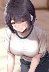 Rule 34 | 1girl, black hair, black pants, blurry, blurry background, blush, breasts, brown hair, closed mouth, collarbone, commentary request, gym shirt, gym uniform, hair between eyes, huyumitsu, jimiko, large breasts, original, pants, shirt, short hair, short sleeves, sitting, solo, upper body, white shirt