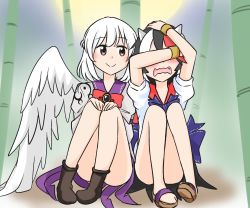 Rule 34 | 2girls, bamboo, bamboo forest, bare legs, black hair, blush, boots, bow, bowtie, brown footwear, commentary request, cone horns, covering face, embarrassed, fang, forest, grey horns, highres, horns, kijin seija, kishin sagume, legs, looking at another, medium hair, moon, multicolored hair, multiple girls, nature, red eyes, red hair, red neckwear, sandals, short sleeves, side-by-side, sitting, smile, streaked hair, touhou, white hair, white wings, wings, yakousei no kame