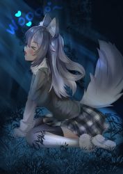 Rule 34 | &gt; &lt;, 1girl, absurdres, animal ears, black hair, black legwear, blush, breasts, closed eyes, fang, forest, fur collar, gloves, grey wolf (kemono friends), heterochromia, highres, kemono friends, large breasts, long hair, multicolored hair, nature, night, outdoors, plaid neckwear, sitting, solo, tail, two-tone hair, two-tone legwear, white gloves, white hair, white legwear, wolf ears, wolf girl, wolf tail, yeo arin