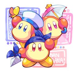 Rule 34 | arm up, bandana, bandana waddle dee, blue bandana, blue eyes, blush, bug, butterfly, color guide, commentary request, full body, hakaba (ksni tbn), hat, highres, holding, holding polearm, holding umbrella, holding weapon, insect, kirby (series), looking up, nintendo, no humans, parasol, polearm, purple eyes, red eyes, sailor hat, sailor waddle dee, shoes, spear, umbrella, waddle dee, weapon, white background, white headwear, yellow butterfly, yellow footwear