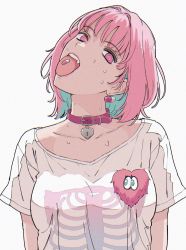 Rule 34 | 1girl, @ @, blue hair, breasts, collar, collarbone, colored inner hair, earrings, fang, giganticbuddha, head tilt, highres, idolmaster, idolmaster cinderella girls, jewelry, medium breasts, multicolored hair, pill, pill earrings, pill on tongue, pink collar, pink hair, portrait, print shirt, shirt, solo, sweat, nervous sweating, tongue, tongue out, white background, white shirt, yumemi riamu