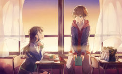 Rule 34 | 1boy, 1girl, bag, blazer, blush, book, booota, brown eyes, brown hair, chair, classroom, closed mouth, curtains, desk, evening, holding, holding book, hood, hoodie, indoors, jacket, lens flare, long hair, looking at another, open clothes, open jacket, open mouth, original, profile, school, school bag, school desk, sitting, sleeves past wrists