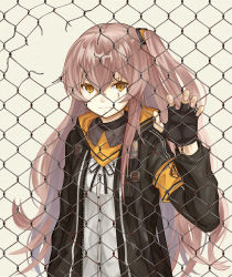 Rule 34 | 1girl, armband, black gloves, black jacket, broken fence, brown eyes, brown hair, chain-link fence, closed mouth, fence, fingerless gloves, frown, girls&#039; frontline, gloves, grey background, holding hands, jacket, long hair, looking at viewer, numazume, one side up, open clothes, open jacket, scar, scar across eye, scar on face, simple background, solo, ump45 (girls&#039; frontline), very long hair