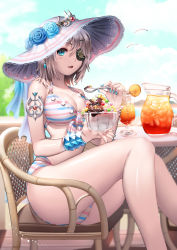 Rule 34 | 1girl, armchair, armlet, bangle, bikini, bird, blue eyes, blue flower, blue rose, blush, bowl, bracelet, breasts, chair, cloud, cup, day, dessert, drink, drinking glass, drinking straw, eyepatch, flower, food, fruit, ganik (pisshine), glass, hair ornament, hairclip, hat, holding, iced tea, iri flina, jewelry, large breasts, lemon, lemon slice, looking at viewer, lots of jewelry, multicolored stripes, nail polish, open mouth, parted lips, pitcher (container), rose, seagull, shaved ice, shiny skin, short hair, silver hair, sitting, sky, solo, spoon, striped bikini, striped clothes, sun hat, swimsuit, sword girls, table, wristband