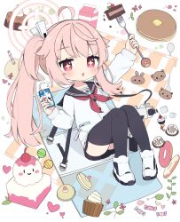 Rule 34 | + +, 1girl, ahoge, black sailor collar, black skirt, black thighhighs, blue archive, blush, buttons, cake, cake slice, cardigan, doughnut, drink, drinking, food, fork, gun, halo, highres, holding, holding drink, holding fork, long hair, long sleeves, muffin, natsu (blue archive), neckerchief, open mouth, pancake, pink hair, pink halo, pleated skirt, poco (zdrq3), red eyes, red neckerchief, sailor collar, shoes, side ponytail, skirt, solo, thighhighs, weapon, white cardigan, white footwear