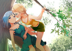 Rule 34 | 2girls, :d, blonde hair, blue dress, blue eyes, blue hair, blush, breasts, dress, green eyes, green shorts, in tree, medium breasts, multiple girls, open mouth, original, outdoors, shorts, small breasts, smile, tachi (gutsutoma), tank top, tree, yellow tank top, yuri