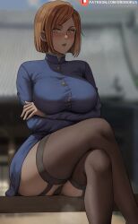 Rule 34 | 1girl, alternate legwear, architecture, arms under breasts, artist name, black panties, black thighhighs, blue jacket, blurry, blurry background, blush, breasts, brown eyes, brown hair, collared jacket, crossed arms, crossed legs, east asian architecture, feet out of frame, highres, jacket, jujutsu kaisen, jujutsu tech uniform, kugisaki nobara, large breasts, long sleeves, looking at viewer, open mouth, oroborus, outdoors, panties, pantyshot, parted bangs, revision, short hair, sitting, solo, thighhighs, thighs, torn clothes, underwear