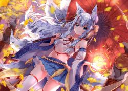 Rule 34 | 1girl, animal ear fluff, animal ears, bare shoulders, bell, blue eyes, blue hair, blue skirt, breasts, collarbone, detached sleeves, falling leaves, fang, fox ears, fox tail, hair bell, hair ornament, highres, jingle bell, kuuki shoujo, leaf, navel, red umbrella, sideboob, skirt, solo, statue, tail, the personification of atmosphere, thighhighs, tree, umbrella, usagihime, white thighhighs