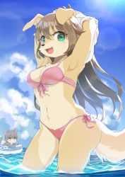 Rule 34 | 1boy, 1girl, :3, animal ear fluff, animal ears, animal nose, armpits, arms up, bikini, blue background, blue sky, blush, body fur, breasts, brown hair, cat boy, cat ears, cat tail, cleavage, closed mouth, cloud, cowboy shot, day, dog ears, dog girl, dog tail, fang, front-tie bikini top, front-tie top, furry, furry female, furry male, green eyes, grey fur, happy, highres, innertube, konazarame, lens flare, light blush, long hair, looking at another, looking at viewer, medium breasts, navel, open mouth, original, outdoors, pink bikini, shirt, side-tie bikini bottom, sidelocks, sky, slit pupils, smile, snout, solo focus, standing, stomach, sunlight, swim ring, swimsuit, tail, thighs, two-tone fur, undressing, water, white fur, white shirt, wide hips, yellow eyes, yellow fur