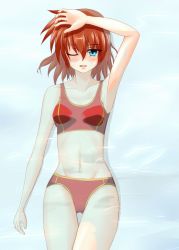 Rule 34 | armpits, bikini, blue eyes, blush, brown hair, lyrical nanoha, mahou shoujo lyrical nanoha, mahou shoujo lyrical nanoha a&#039;s, mahou shoujo lyrical nanoha a&#039;s portable: the battle of aces, stern the destructor, navel, one eye closed, open mouth, partially submerged, short hair, solo, swimsuit, wink, you (yousuke968), yousuke968