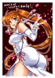Rule 34 | 1girl, ahoge, artist name, ass, bare shoulders, border, breasts, brown hair, china dress, chinese clothes, commentary request, dated, dress, elbow gloves, fingerless gloves, gloves, highres, long hair, looking at viewer, looking back, lyrical nanoha, medium breasts, no panties, open mouth, purple eyes, raising heart, raising heart (standby mode), san-pon, side ponytail, sidelocks, solo, takamachi nanoha, very long hair, white dress