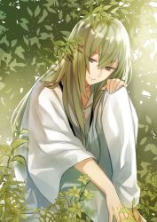 Rule 34 | androgynous, barefoot, closed mouth, day, enkidu (fate), fate/strange fake, fate (series), fingernails, gender request, grass, green eyes, green hair, green theme, leaf, long hair, long sleeves, matching hair/eyes, outdoors, plaid, robe, sitting, smile, solo, sunlight, white robe, yuzuki karu