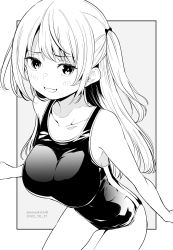 Rule 34 | 1girl, blush, breasts, collarbone, commentary request, dated, fang, grey background, greyscale, highres, kichihachi, large breasts, long hair, looking at viewer, monochrome, one-piece swimsuit, original, skin fang, smile, solo, swimsuit, twitter username, two-tone background, two side up, white background
