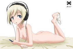 Rule 34 | 1girl, absurdres, ass, barefoot, blonde hair, blue eyes, blush, breasts, collarbone, erica hartmann, feet, headphones, highres, legs, looking at viewer, lying, nipples, nude, on stomach, open mouth, panties, unworn panties, shiny skin, short hair, simple background, small breasts, soles, solo, strike witches, underwear, white background, white panties, world witches series
