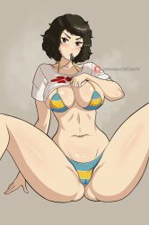Rule 34 | 1girl, bikini, blush, breasts, cameltoe, clothes lift, female focus, gluteal fold, highres, kawakami sadayo, large breasts, legs apart, looking at viewer, medium hair, navel, persona, persona 5, shirt lift, sitting, solo, swimsuit, thick thighs, thighs, whistle, xelaroseart