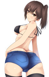 Rule 34 | 10s, 1girl, alternate costume, ass, back, bad id, bad pixiv id, bare shoulders, black thighhighs, bra, breasts, brown hair, butt crack, commentary request, from behind, highres, kaga (kancolle), kantai collection, large breasts, looking back, nksk, short hair, short shorts, shorts, side ponytail, sideboob, simple background, solo, strap gap, thighhighs, underwear