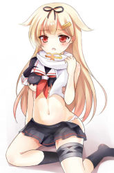 Rule 34 | 10s, 1girl, blonde hair, blush, breasts, kantai collection, long hair, looking at viewer, nikoo, open mouth, panties, red eyes, ribbon, simple background, solo, torn clothes, underwear, yuudachi (kancolle)