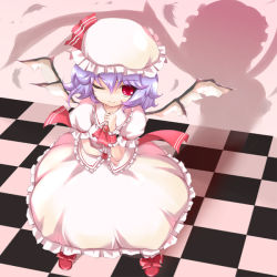 Rule 34 | 1girl, ascot, bad id, blue hair, bow, checkered floor, child, demon girl, feathers, female focus, flat chest, floor, frills, from above, gem, hat, hoshikuzu, lolita fashion, looking at viewer, one eye closed, perspective, red eyes, remilia scarlet, ribbon, shadow, shoes, short hair, skirt, smile, solo, standing, touhou, wings, wink, wristband