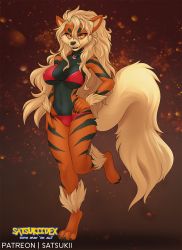 Rule 34 | 1girl, animal ears, animal hands, arcanine, artist name, bikini, blonde hair, breasts, brown background, claws, covered erect nipples, creatures (company), english text, fangs, feet, female focus, fox tail, full body, furry, furry female, game freak, gen 1 pokemon, half-closed eyes, hand on own hip, highres, jewelry, large breasts, leg up, long hair, looking at viewer, navel, necklace, nintendo, patreon, patreon username, personification, poke ball theme, pokemon, pokemon (creature), pokemon rse, red bikini, satsukii, simple background, smile, solo, standing, standing on one leg, swimsuit, tail, teeth, text focus, yellow eyes