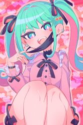 Rule 34 | 1girl, blue eyes, blue hair, bracelet, center frills, collared shirt, colored inner hair, commentary, earrings, fangs, frills, hair ornament, hair ribbon, hatsune miku, heart, heart earrings, heart hair ornament, highres, jewelry, knees up, long hair, long sleeves, looking at viewer, mask, mask pull, mouth mask, multicolored hair, multiple rings, nail polish, neck ribbon, nishitin, open mouth, pink hair, ribbon, ring, shirt, sitting, skirt, smile, solo, two-tone hair, vampire (vocaloid), vocaloid