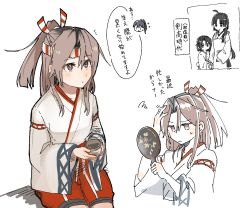 Rule 34 | 4girls, brown eyes, brown hair, commentary request, hachimaki, hand mirror, headband, high ponytail, highres, hinata hibari, houshou (kancolle), japanese clothes, kantai collection, long hair, mirror, multicolored hair, multiple girls, short hair, shouhou (kancolle), translation request, two-tone hair, white background, wide sleeves, zuihou (kancolle)