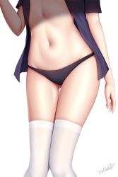 Rule 34 | 1girl, black panties, highres, navel, open clothes, open shirt, original, panties, purple shirt, shirt, signature, simple background, skindentation, solo, stomach, thighhighs, thighs, underwear, white background, white thighhighs, wsman
