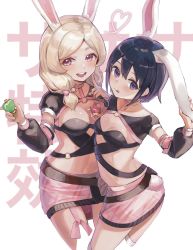 Rule 34 | 2girls, :d, :p, animal ears, black hair, blonde hair, bottle, bow, breasts, cleavage, cropped legs, detached sleeves, hai bokusha, heart, highres, holding, holding bottle, long hair, looking at viewer, looking to the side, miniskirt, momokawa sasa, multiple girls, o-ring, o-ring top, open mouth, parted bangs, pink bow, pink eyes, pink skirt, potion, puffy sleeves, purple eyes, rabbit ears, rabbit tail, school girl strikers, short hair, sidelocks, skirt, smile, sumihara satoka, tail, teeth, tongue, tongue out, twitter username, upper teeth only, white background