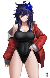 Rule 34 | 1girl, absurdres, ahoge, armpit crease, bare shoulders, black one-piece swimsuit, blue flower, blue hair, breasts, cleavage, closed mouth, collarbone, commission, covered navel, flower, glowing, glowing flower, hair between eyes, hair flower, hair ornament, highres, hwan (verypoor), jacket, long hair, looking at viewer, messy hair, multicolored eyes, one-piece swimsuit, open clothes, open jacket, original, pink eyes, purple eyes, red jacket, signature, simple background, single bare shoulder, sleeves past wrists, smile, solo, swimsuit, white background