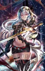 Rule 34 | 1girl, arm guards, armor, armored dress, belt, black dress, black footwear, black gloves, black skirt, boots, breasts, dress, dual wielding, earrings, gloves, glowing, gradient hair, grin, groin, hair ornament, highres, holding, holding sword, holding weapon, jewelry, large breasts, light particles, long hair, looking at viewer, midriff, miniskirt, multicolored hair, navel, open clothes, open dress, original, pauldrons, red eyes, sho (runatic moon), shoulder armor, sidelocks, skirt, smile, solo, sparkle, stomach, sword, thigh boots, thigh strap, thighhighs, very long hair, weapon, white hair