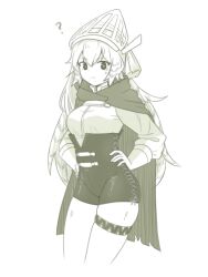 Rule 34 | 10 (xknn5488), 1girl, ?, arknights, breasts, cape, cowboy shot, fartooth (arknights), feather hair, frown, greyscale, hands on own hips, long hair, long sleeves, looking at viewer, medium breasts, monochrome, shirt, simple background, skindentation, solo, sweatdrop, thigh strap, very long hair, visor (armor), visor lift, white background