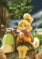 Rule 34 | 1girl, absurdres, animal crossing, animal ears, animal hands, baozi, barefoot, bell, blonde hair, blush, bottle, closed mouth, cloud, dog ears, dog girl, dog tail, female focus, flat chest, flower, food, full body, furry, furry female, grass, green eyes, green skirt, hair bell, hair ornament, hair tie, hands up, happy, highres, holding, house, isabelle (animal crossing), jacket, jingle bell, legs together, long sleeves, looking at viewer, miniskirt, motor vehicle, motorcycle, night, night sky, nintendo, pencil skirt, pink scarf, scarf, setouchi kurage, short hair, side slit, sitting, skirt, sky, smile, solo, star (sky), starry sky, steam, tail, topknot, tree, tree stump, yellow jacket